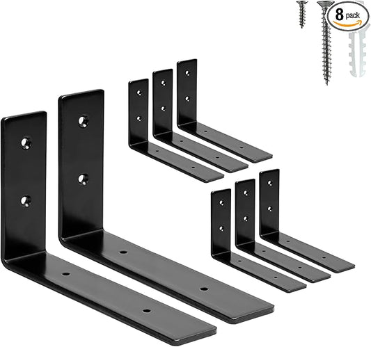 HEART ART 8 Pack Shelf Brackets 6 inch,L Brackets for Shelves,Black Heavy Duty Metal Shelf Brackets,6”x4”x1.4”
