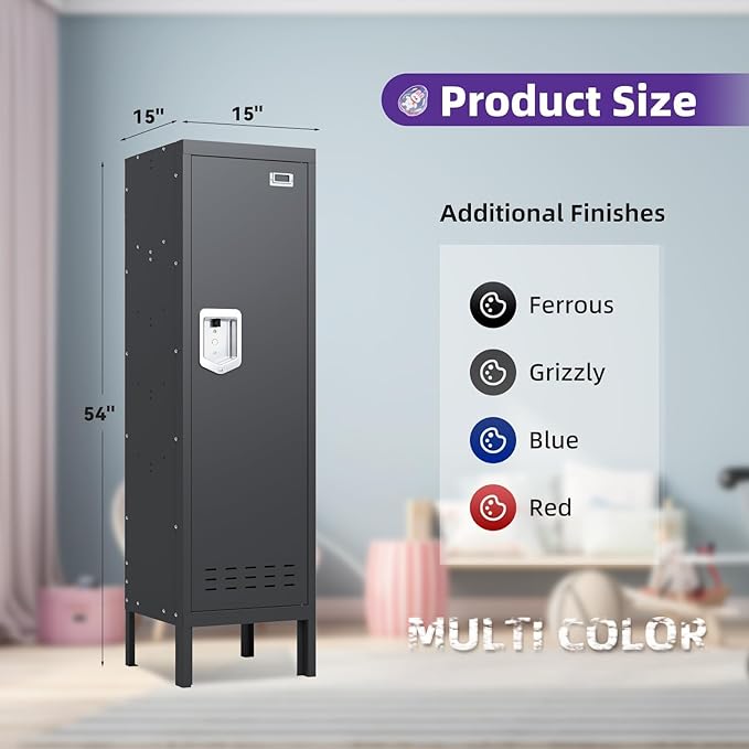 Metal Storage Locker with Lock & Card Slot Locker - Secure Lockable Door - Steel Locker for School, Office, Gym, Home - 54" H x 15" W x 15" D（1 Door, Black）