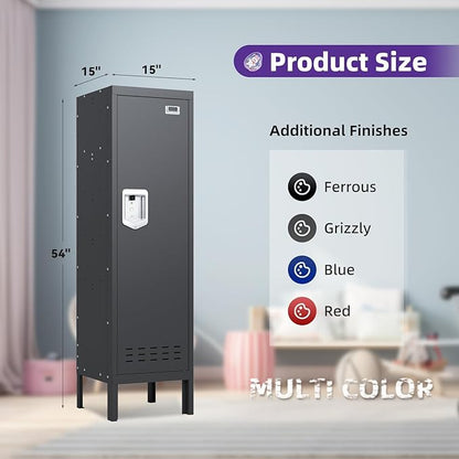 Metal Storage Locker with Lock & Card Slot Locker - Secure Lockable Door - Steel Locker for School, Office, Gym, Home - 54" H x 15" W x 15" D（1 Door, Black）