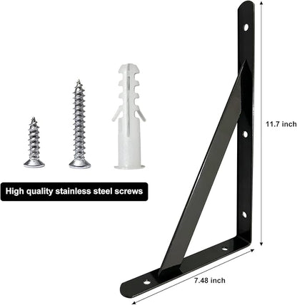 Shelf Brackets 12 Inch x 8 Inch, 4 6 10 16 20 Inch Heavy Duty Shelf Brackets, Black Powder-Coated Wall Brackets Shelves 4 Pack