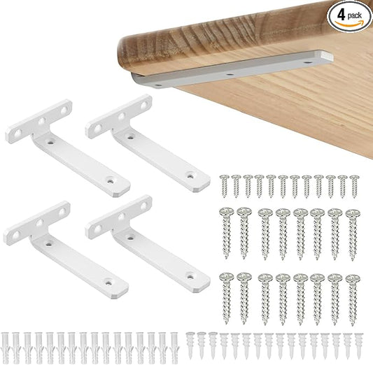 Alise White Shelf Brackets 4 Inch,Heavy Duty Floating Shelf Bracket Mounting Brackets,Hidden L Brackets for Shelves,Metal Decorative Shelf Brackets Wall Shelf Supports Brackets DIY,Pack of 4
