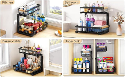 PXRACK Under Sink Organizer, Adjustable Height, 2-Pack 2 Tier Pull Out Under Cabinet Organizer, Slide Out Thickened Metal Under Sink Storage for Kitchen Bathroom Laundry Pantry Cabinet, S, Black
