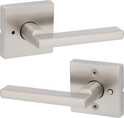 Kwikset Halifax Interior Privacy Door Handle with Lock, Door Lever For Bathroom and Bedroom, Satin Nickel Reversible Keyless Push Button Lock Door Lever, with Microban Protection