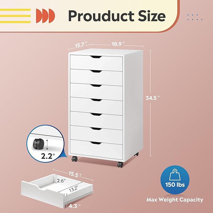 DEVAISE 7-Drawer Chest, Wood Storage Drawer File Cabinet with Wheels, White