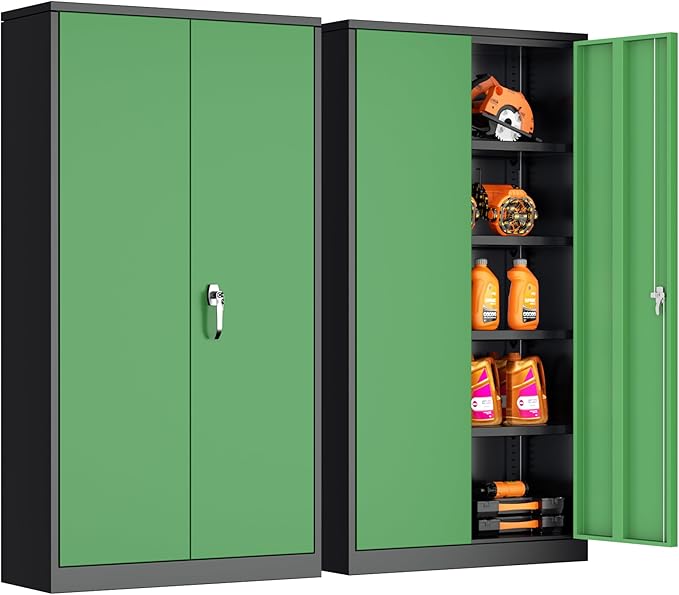 Bonusall Garage Cabinet with Lock, 2 Doors Metal Storage Cabinets with 4 Adjustable Shelves, Lockable Steel Cabinet for Home Office, Warehouse，School(Black Green)