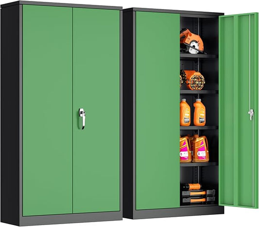 Bonusall Garage Cabinet with Lock, 2 Doors Metal Storage Cabinets with 4 Adjustable Shelves, Lockable Steel Cabinet for Home Office, Warehouse，School(Black Green)
