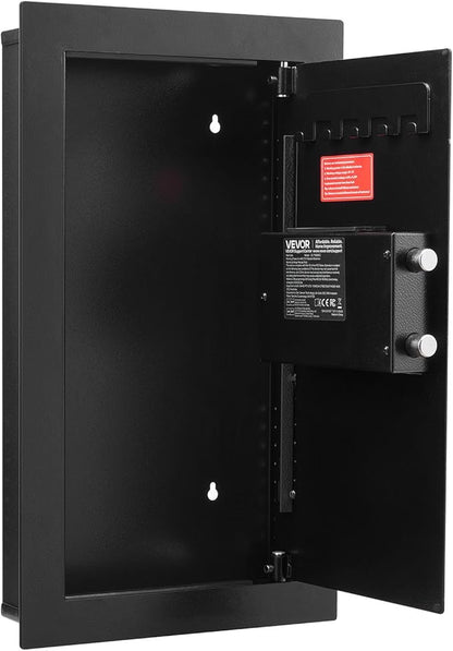VEVOR 25.6" High Wall Safe, 3-Tier Hidden Wall Mounted Safe with Password & Key, Q235 Cold-Rolled Steel In-Wall Box with LED Lighting, 2 Adjustable Shelves & 5 Key Holders, Black