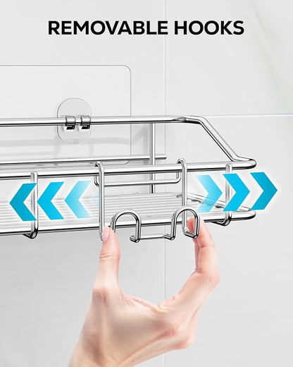 Nieifi Shower Caddy Shelf with Hooks Storage Rack Organizer Adhesive Stainless Steel without Drilling for Bathroom, Lavatory, Washroom, Restroom, Shower, Toilet, Kitchen (Sliver, 5 Pack)