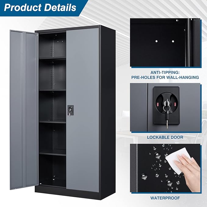 Metal Garage Storage Cabinet, 71" Tall Cabinet with 4 Adjustable Shelves, Metal File Cabinets with Lockable Doors for Garage, Home Office, Gym, School, Utility Room (Grey Black, Assembly)