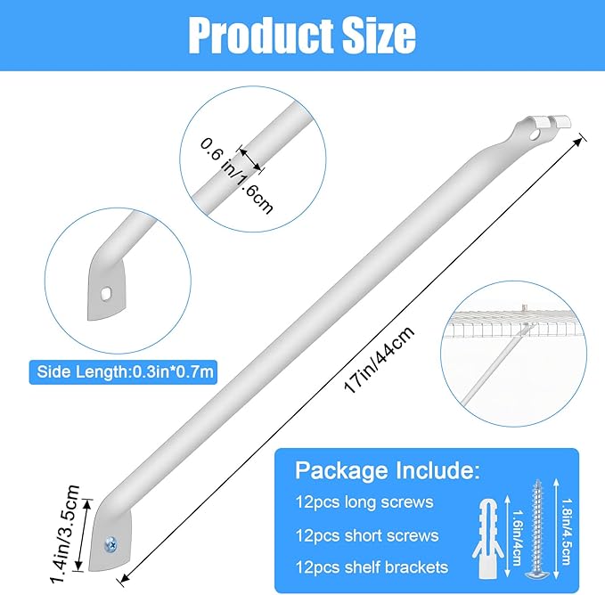 12 Inch Wire Shelf Support Brackets, 12 Pack Metal Support Brackets for Wire Shelving with Anchors and Screws, Closet Support Bracket for Wardrobe Wall Bracket Wire Shelves Racks