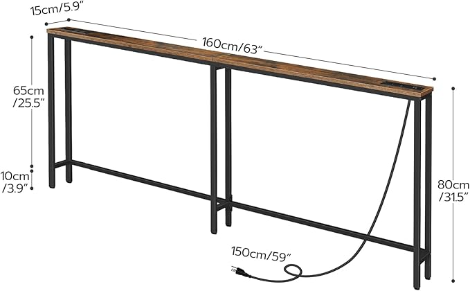 HOOBRO 63" Narrow Console Table with Charging Station, 5.9" Sofa Table with 2 Power Outlets and USB Ports, Long Entryway Tables Behind Couch Table, for Hallway, Livingroom, Rustic Brown BF165UXG01G1