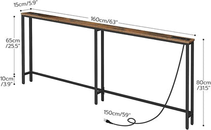 HOOBRO 63" Narrow Console Table with Charging Station, 5.9" Sofa Table with 2 Power Outlets and USB Ports, Long Entryway Tables Behind Couch Table, for Hallway, Livingroom, Rustic Brown BF165UXG01G1