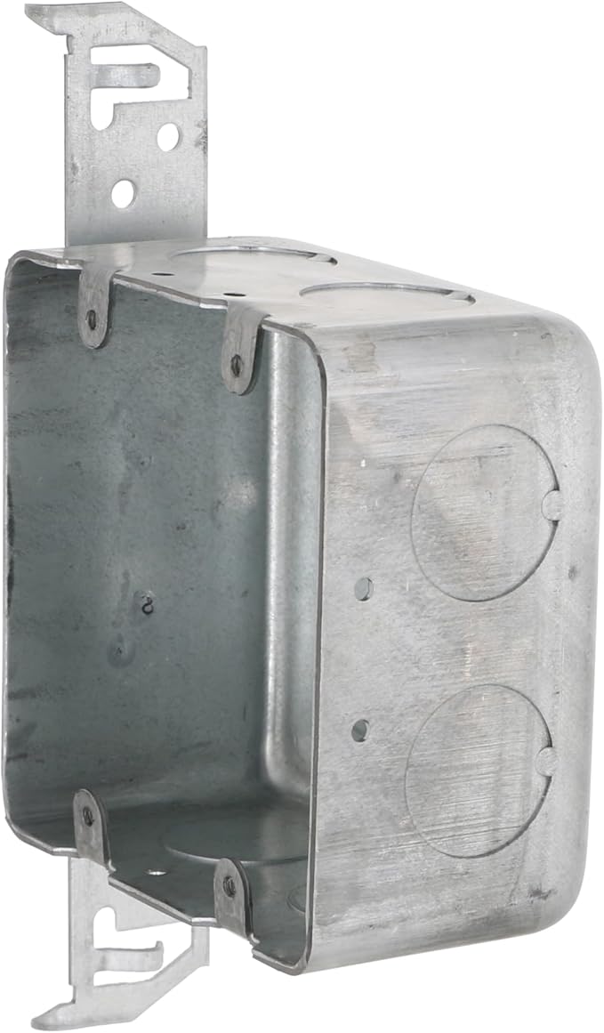 Hubbell-Raco 685 2-Device, 2-1/8-Inch Deep, 1/2-Inch and 3/4-Inch Side Knockouts, Wood/Metal Stud Bracket 4-Inch Square Switch Box, Drawn, red