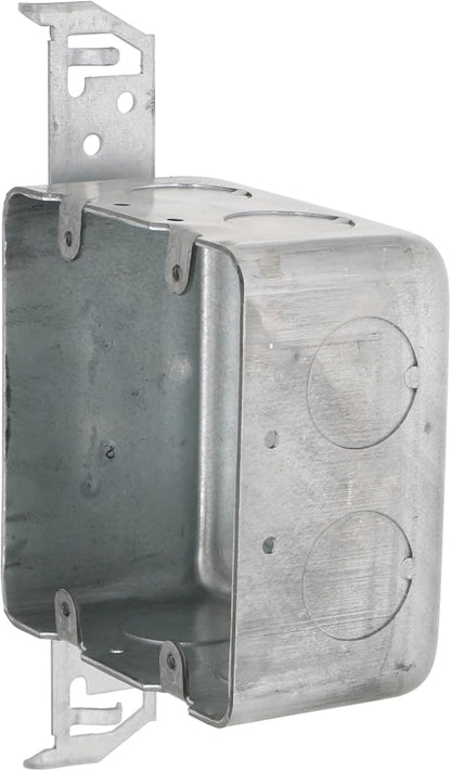 Hubbell-Raco 685 2-Device, 2-1/8-Inch Deep, 1/2-Inch and 3/4-Inch Side Knockouts, Wood/Metal Stud Bracket 4-Inch Square Switch Box, Drawn, red