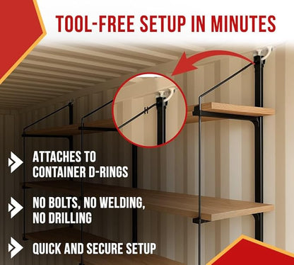 Mytee Products 3 Pack of 3 Tier Shipping Container Shelving Bracket with 18"(D) x 60"(H) - Black Powder Coated Steel Shelf Brackets for Heavy Duty Trailer Containers - Easy to Assemble & Remove