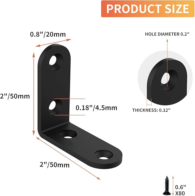 20 Pcs L Corner Brackets 2x2 Inch Black Heavy Duty L Bracket for Joint Right Angle Shelf Support Corner Braces for Shelves, Wood Furniture, Cabinet with Screws (20 Pack)