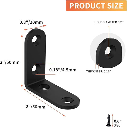 20 Pcs L Corner Brackets 2x2 Inch Black Heavy Duty L Bracket for Joint Right Angle Shelf Support Corner Braces for Shelves, Wood Furniture, Cabinet with Screws (20 Pack)