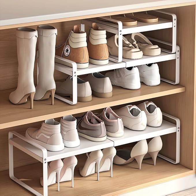 Expandable 1-Tier Metal Shoe Rack (H:10"), Adjustable Width 14.9"-23.6", Heavy-Duty Stackable Free-Standing Shoe Shelf for Closet & Entryway – 2-Pack Set