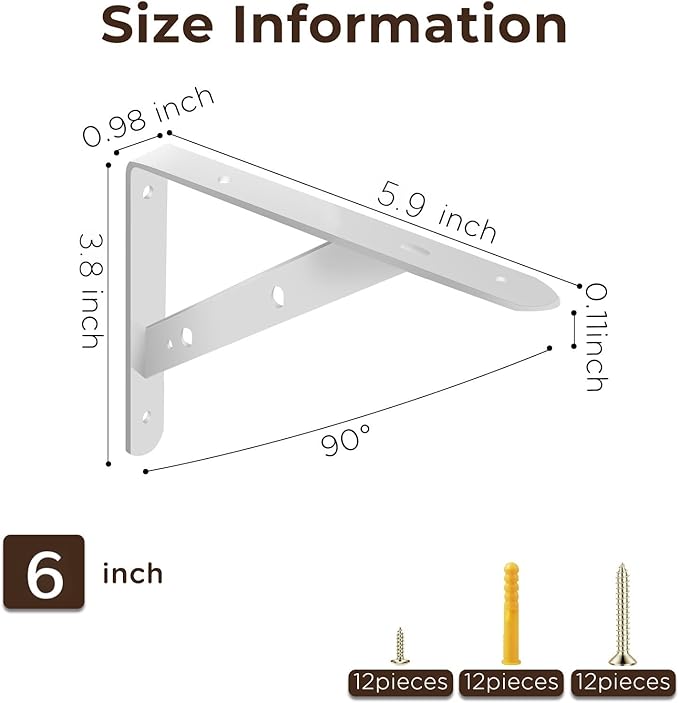 Shelf Brackets Heavy Duty, 4 Pack White 6 inch Floating Shelf Bracket, Max Load 300 lbs of Metal Triangle Decorative Shelf Support Brackets for Wall Mount