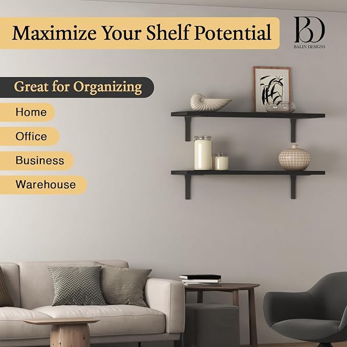 4 Pack Heavy Duty Shelf Brackets 16 Inch by Balin Designs – Decorative L Bracket for Shelves, Metal Shelf Support Bracket, Wall Mounted Countertop Iron Corbels, Floating Black Shelving Brackets