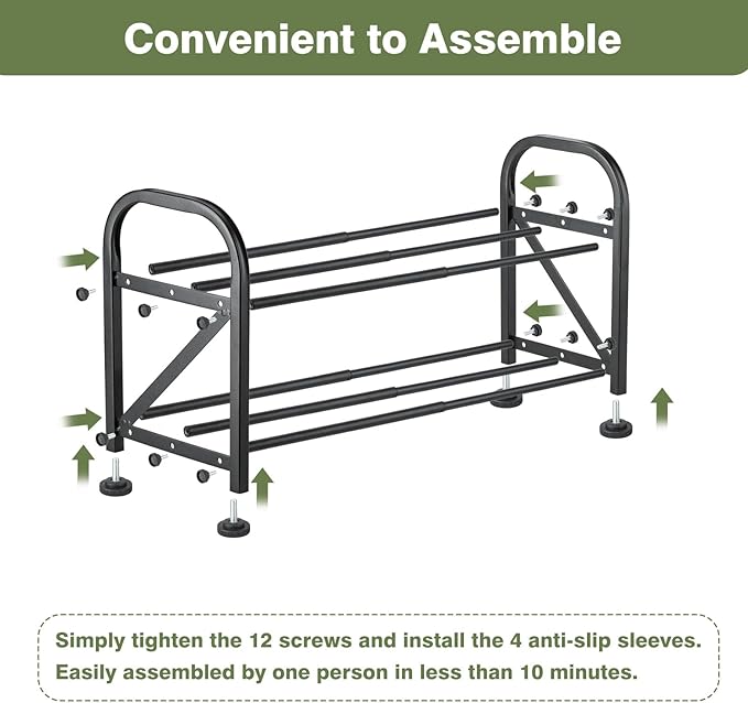 2-Tier Shoe Rack for Closet, 16"-33" Expandable ShoeRack, Adjustable for Entryway Closet Doorway SturdyMetal, Black