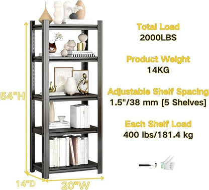 Kitchen Storage Shelves, 54''H*20''W Microwave Stand, Adjustable Metal Shelving, 2000LBS Bakers Rack, Black Kitchen Shelf, 5-Tier Shelving Unit for Bathroom, Pantry, Laundry, Closet, Garage