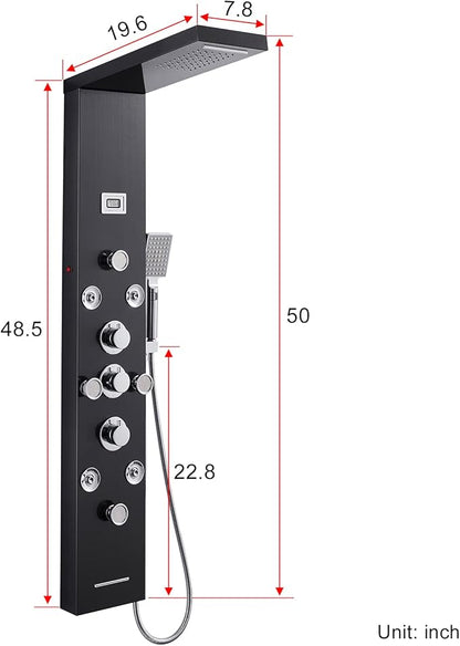 POPFLY 6 In 1 LED Shower Panel Tower System, 8 Body Massage Jets, 304 Stainless Steel Wall Mount Rainfall ＆ Waterfall Shower Column Towers with Temperature Display, Tub Spout, Black