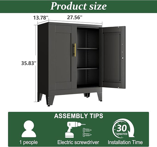 Black Metal Storage Cabinet, 36" Tall Locking Storage Cabinet with 2 Adjustable Shelves, Steel Locker Organizer, for Office, Home, School, 2PS