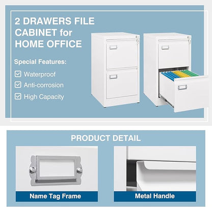 2-Drawer File Cabinet, 16.3" Deep Vertical Filing Cabinet with Lock, Metal File Cabinet for Home Office, Anti-Tip 2 Storage Drawers for Letter/Legal/A4/F4 Size (Assemble Required, White)