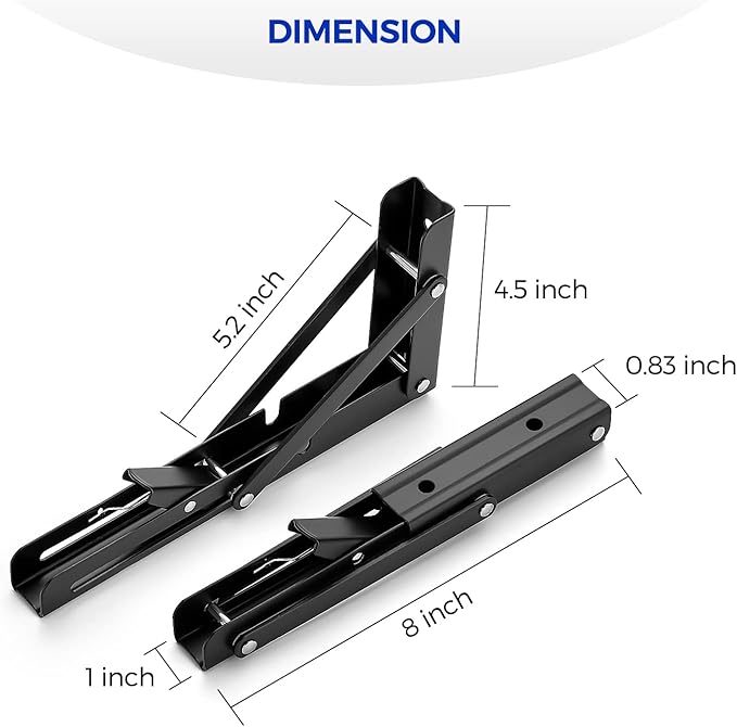 Ravinte 2 Pack 8 Inch Folding Shelf Brackets – Matte Black, Heavy Duty Collapsible Brackets for Tables and Benches – Space-Saving Design