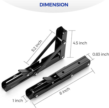 Ravinte 2 Pack 8 Inch Folding Shelf Brackets – Matte Black, Heavy Duty Collapsible Brackets for Tables and Benches – Space-Saving Design