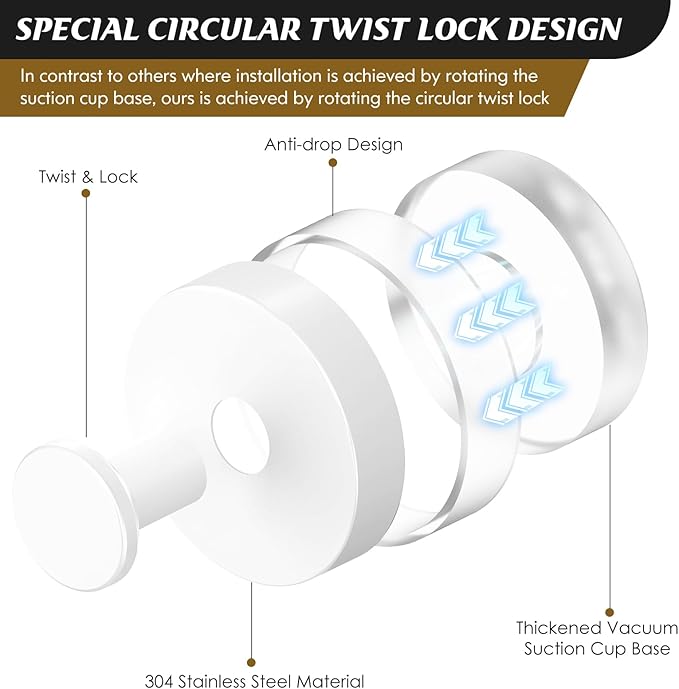 Suction Cup Hooks for Shower,Removable Shower Towel Suction Hooks for Bathroom Wall,Kitchen,Glass,Mirror,Tile to Hang Robes,Loofah-White(2-Pack)