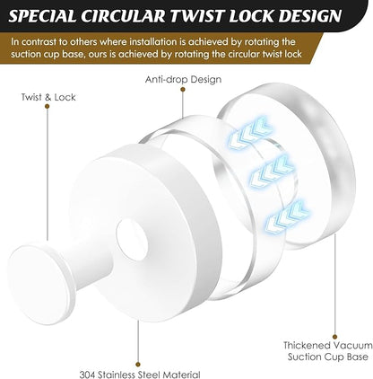 Suction Cup Hooks for Shower,Removable Shower Towel Suction Hooks for Bathroom Wall,Kitchen,Glass,Mirror,Tile to Hang Robes,Loofah-White(2-Pack)