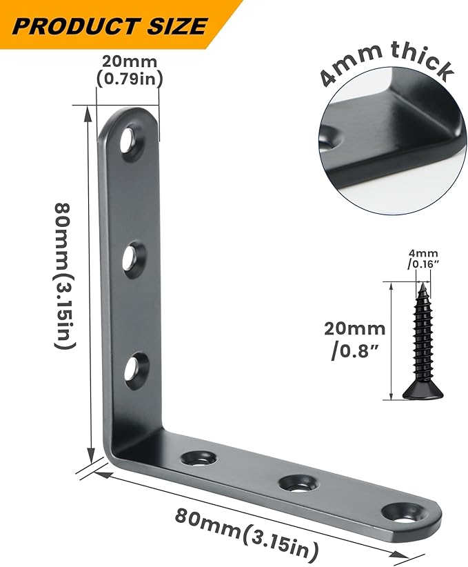 Alise 4 PCS L Brackets Heavy Duty Corner Bracket, 3.2 X3.2 Inch Black Floating Shelf Brackets for Shelves, Stainless Steel L Shape Wall Mounting Brackets, Metal L Joint Angle Bracket for Wood Shelving