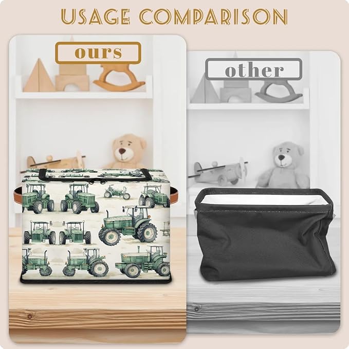 Tractor Truck Storage Bins with Zipper Lid, Collapsible Fabric Storage Basket with Leather Handles Closet Shelf Cloth Organizer Basket for Nursery Bedroom Clothes Toy