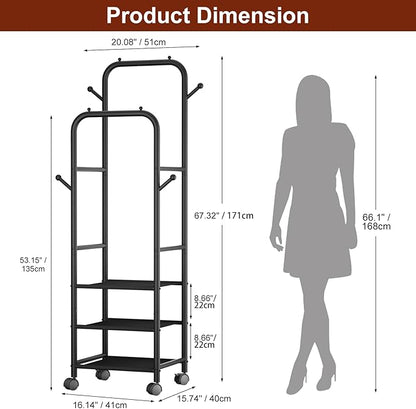 Furologee Rolling Clothing Racks for Hanging Clothes, Double Rods Clothes Rack With Wheels, Sturdy Coat Racks,Portable Metal Garment Rack for Bedroom Laundry Living Room, Black