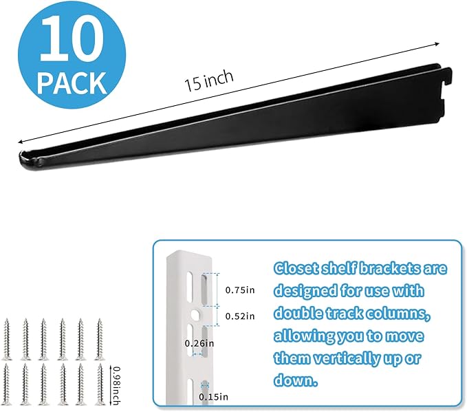 10 Pack 15‑Inch Adjustable Wire Shelf Brackets – Heavy‑Duty Double‑Track Closet & Wall Shelving System Supports（Black）