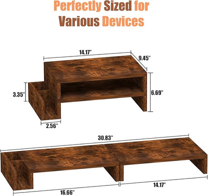 Wood Dual Monitor Stand Riser for Desk, 30" Long Monitor Riser with Pen Holders, Desktop Storage Organizer for 2 Monitors, Computer, Laptop, PC, Printer, TV, Rustic Brown (Dual)