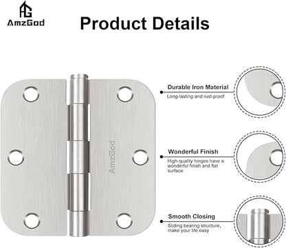 Door Hinges Brushed Nickel - 12 Pack Nickel Door Hinges 3.5 Inch Rounded Interior Satin Nickel Door Hinge with 5/8" Radius - Flat Iron Residential Standard 3 1/2 Inches Silver Door Hardware