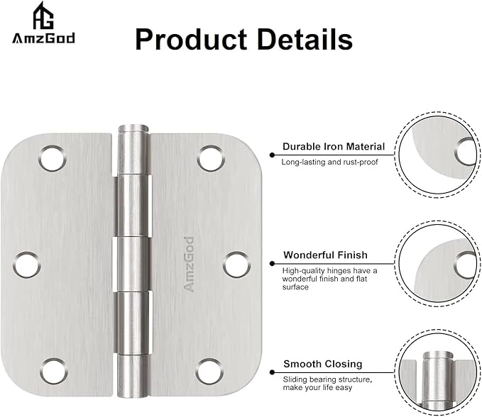 Door Hinges Brushed Nickel - 42 Pack Nickel Door Hinges 3.5 Inch Rounded Interior Satin Nickel Door Hinge with 5/8" Radius - Flat Iron Residential Standard 3 1/2 Inches Silver Door Hardware