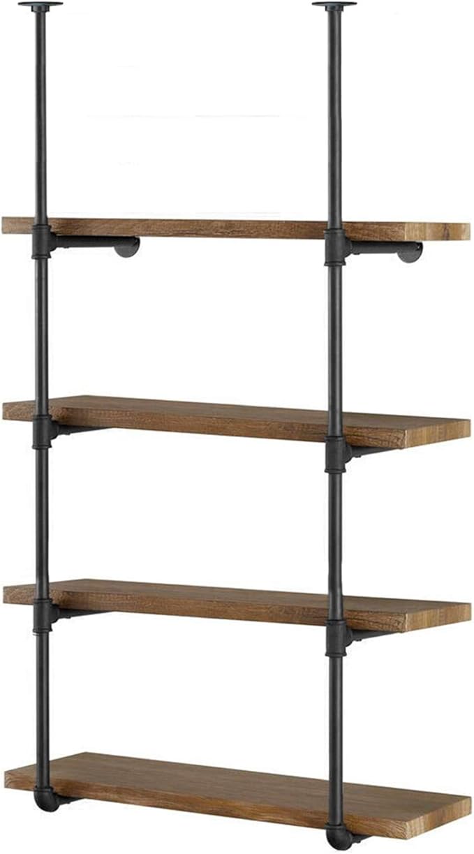 Yuanshikj 2Pc (56" Tall 12" deep 3/4") Industrial Wall Mount Iron Pipe Shelf Shelves Shelving Bracket Black Bookshelf Bookcase DIY Storage Office Kitchen (4Tier Hardware only)