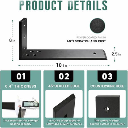 Countertop Support Brackets 3 Pack L Bracket Countertop Brackets 10" x 6" x 2.5" Heavy Duty 3/8" Thick Shelf Brackets Metal Corbels L Shape Bracket for Wood Shelf/Quartz/Granite/Concret Countertops