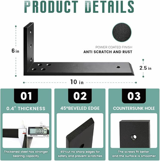 Countertop Support Brackets 3 Pack L Bracket Countertop Brackets 10" x 6" x 2.5" Heavy Duty 3/8" Thick Shelf Brackets Metal Corbels L Shape Bracket for Wood Shelf/Quartz/Granite/Concret Countertops