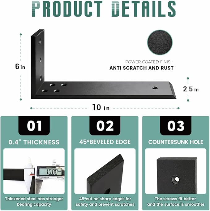 Countertop Support Brackets 2 Pack L Bracket Countertop Brackets 10" x 6" x 2.5" Heavy Duty 3/8" Thick Shelf Brackets Metal Corbels L Shape Bracket for Wood Shelf/Quartz/Granite/Concret Countertops