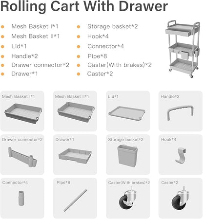 3 Tier Rolling Cart Organizer,Laundry Room Bathroom Organizers and Storage Office Shelves Mobile Shelving Unit Kitchen Trolley Cart with Wheels for Art,Craft,Diaper,Bedside,Snack(Grey)