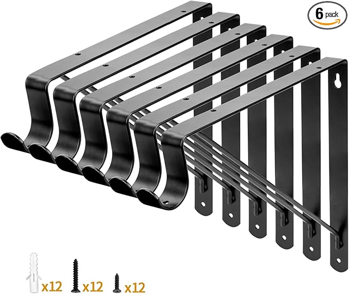 Yarssihha 6 Pack Closet Rod Bracket, 12 x 10.4 Inch Wall Mounted Closet Shelf Bracket, Black Closet Rod Support Bracket with Screws