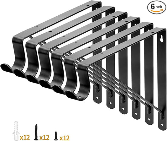 Yarssihha 6 Pack Closet Rod Bracket, 12 x 10.4 Inch Wall Mounted Closet Shelf Bracket, Black Closet Rod Support Bracket with Screws