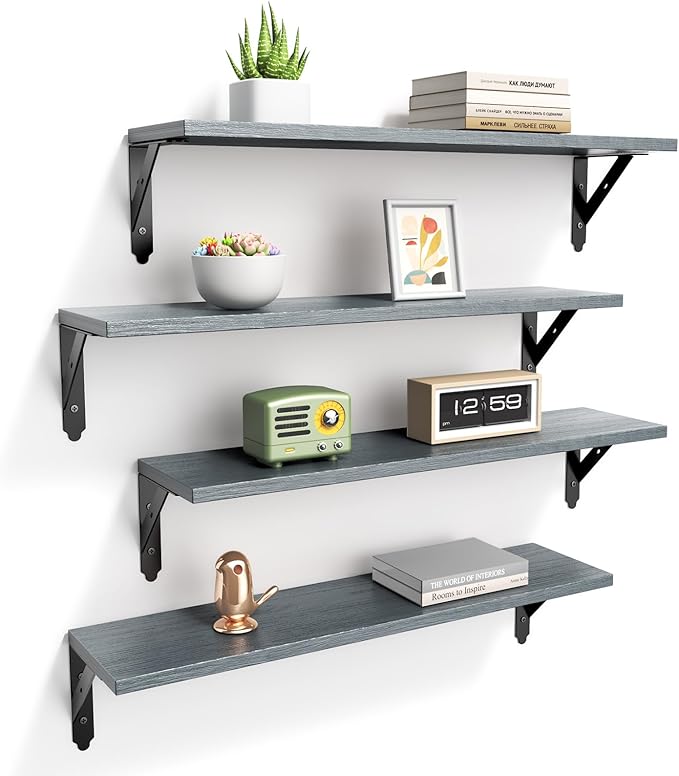 Wood Floating Shelves Set of 4, Rustic Storage Decor Wall Shelves, Wall Mounted Shelf for Living Room, Bedroom 23.6" x 6", Grey