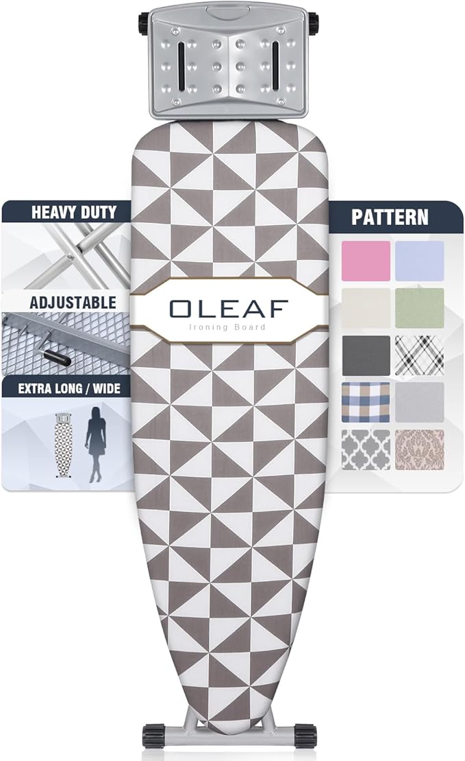 oleaf Ironing Board with Cover and Thicken Pad 43 x 13 Height Adjustable Full Size Foldable Iron Board with Iron Rest, Stable Steel Legs, Metal Construction, Heat Resistant, Gray and White Triangles