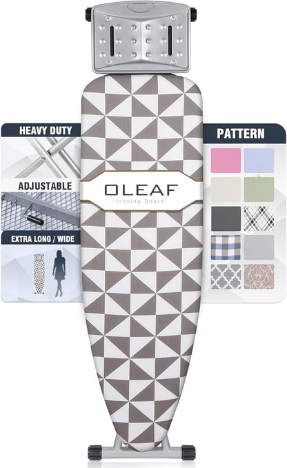 oleaf Ironing Board with Cover and Thicken Pad 43 x 13 Height Adjustable Full Size Foldable Iron Board with Iron Rest, Stable Steel Legs, Metal Construction, Heat Resistant, Gray and White Triangles